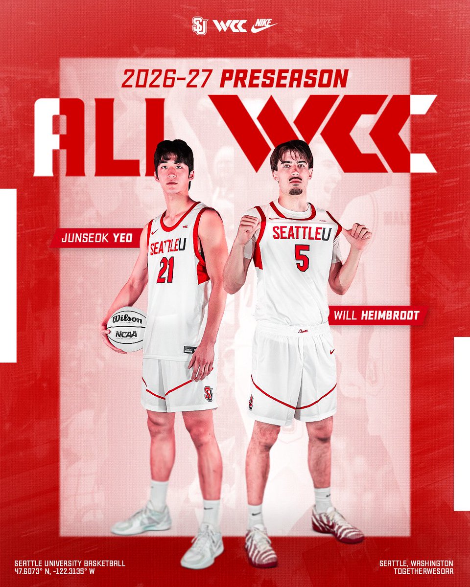 seattleumbb's tweet photo. 𝐓𝐡𝐞 𝐫𝐞𝐬𝐩𝐞𝐜𝐭 𝐢𝐬 𝐞𝐚𝐫𝐧𝐞𝐝.

Well-deserved recognition for Will Heimbrodt and Junseok Yeo, named to the 2026-27 WCC Preseason Team.

📰 https://t.co/sgbpdjvBRq https://t.co/NrjLWMsGAu