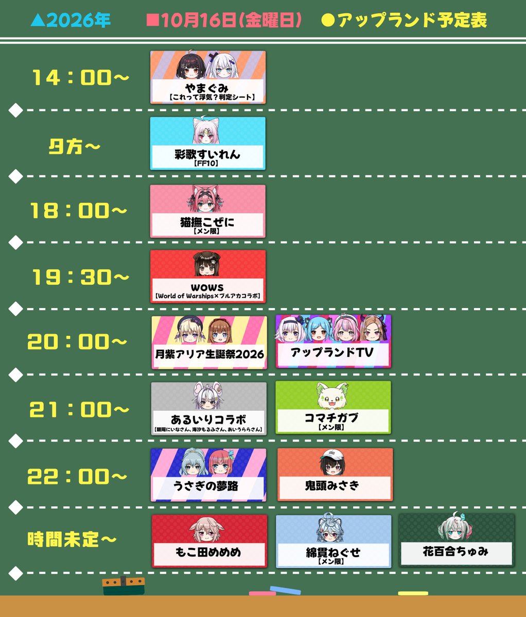 dorayoteihyou's tweet photo. 10/16(金)#アップランド予定表

14:00~:やまぐみ⛓️🐇
夕方~:すいライブ🪷
18:00~:こぜにらいぶ(メン限)👛
19:30~:wows✂️
20:00~:月紫アリア生誕祭2026🍒
20:00~:アップランドTV📺
21:00~:あるいりコラボ🍕
21:00~:がぶるーむ(メン限)🍔
22:00~:うさぎの夢路🌃🎩
22:00~:おになま👹
時間未定:もこ田めめめ🐏
時間未定:ねぐせらいぶ(メン限)🍵
夜~:ちゅみちゅーぶ💐