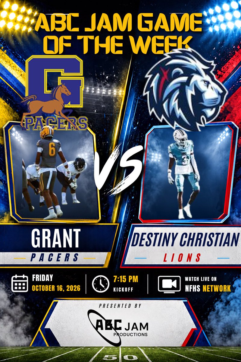 ABCJAMPro's tweet photo. A Metro League showdown tomorrow night!

@grant_union vs @Go_DCA_Football 

📍 Destiny Christian Academy
📅 Friday, October 16, 2026
⏰ 7:15 PM
📺 @NFHSNetwork 

https://t.co/swOGQ0vHrO https://t.co/l9grHrMVj3