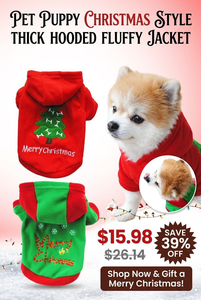 opulentpetcare's tweet photo. Dress your pup in holiday cheer! 🎄🐶 This thick, fluffy hooded Christmas jacket keeps small dogs warm and adorable, with festive embroidered designs in red and green. Now $15.98 (39% off)! 

📩DM us for the product link 🐾

#christmasdoghoodie #puppychristmasoutfit #dogchristmas https://t.co/70yuHngSrN