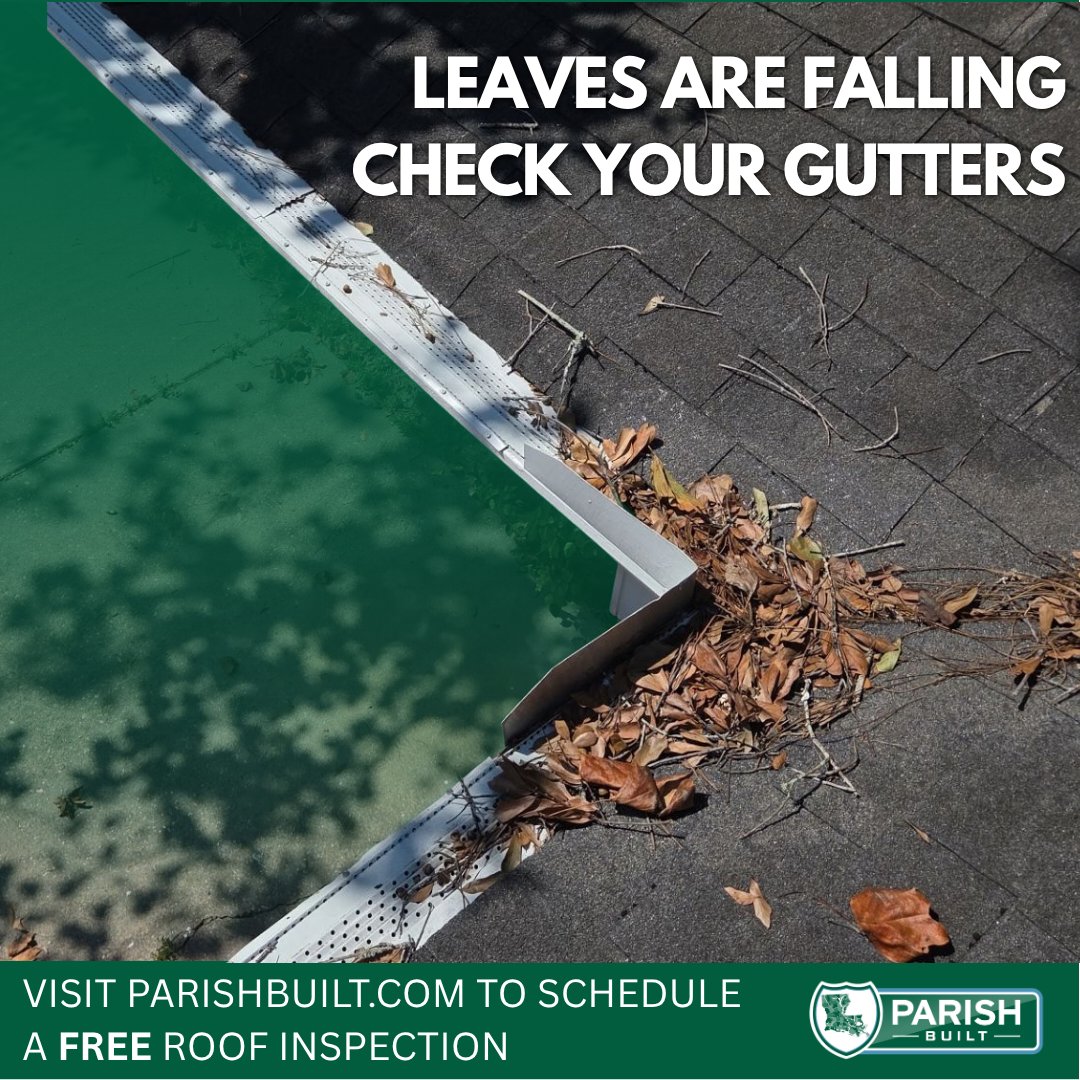 ParishBuilt's tweet photo. Falling leaves can quickly turn into clogged gutters—and clogged gutters can lead to water damage around your roof and home. 🍂🏠

Keep your gutters clear this fall, and visit https://t.co/DqVbWAgTyN to schedule your FREE roof inspection today! 💚🔨

#ParishBuilt #Fall https://t.co/aRaot8yz77