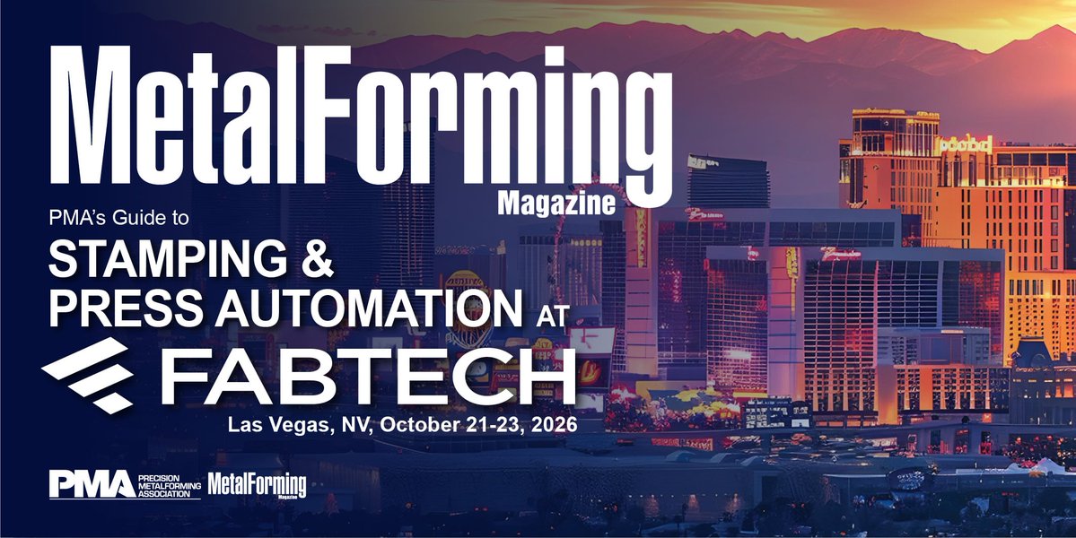 MetalForming's tweet photo. 🎰 Going to #FABTECH2026 in Las Vegas, October 21-23?

Get show-ready with PMA's Guide to Stamping &amp; Press Automation, powered by MetalForming Magazine! 

📖 https://t.co/ndxzrcvlTD

📍 Visit PMA at Booth S25007

#Manufacturing #Stamping #Automation #LasVegas https://t.co/9KVlpfHeWD