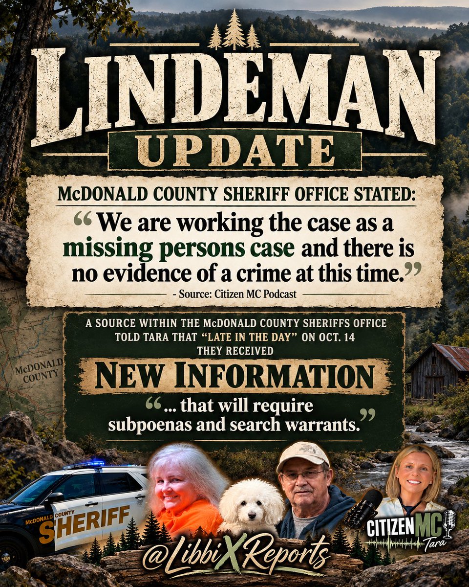 LibbiXReports's tweet photo. 🚩LINDEMAN UPDATE🚩
New Statement & Information from The McDonald County Sheriffs Office.
#Lindeman #MissingPersons #Missouri https://t.co/SBEz44vmFV