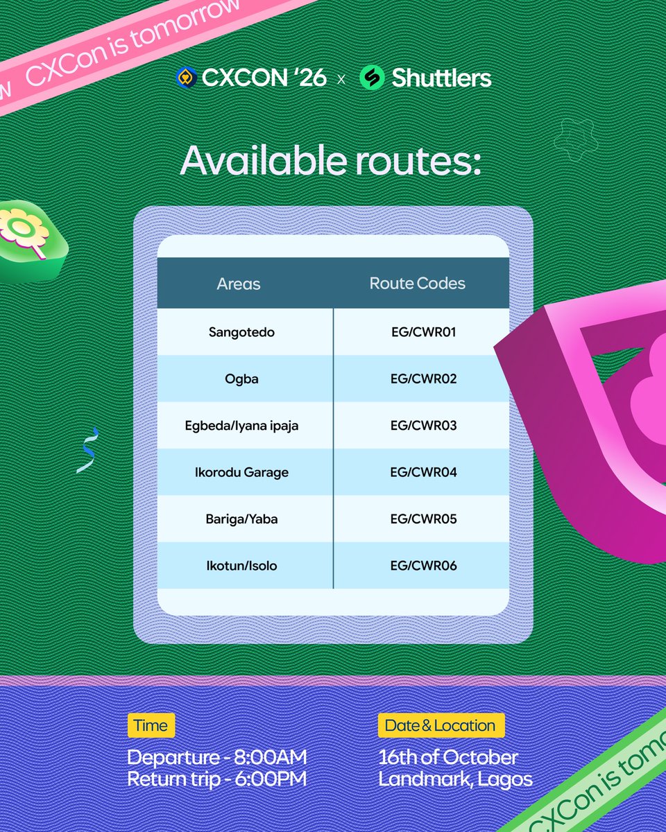 cowrywise's tweet photo. Your ride to CXCon could be on us!🎉

Book a round trip on Shuttlers, and if you’re among the first 50 people to book, we’ll refund your return fare!

Swipe to find your route, then book your seat.

See you tomorrow at Landmark! 🔥
#CXCon26 #EngineeringExperiences https://t.co/PGdoUVVs8m