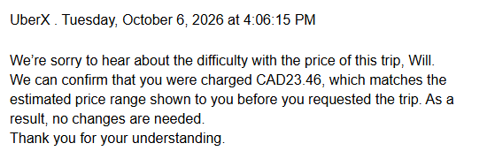 willorford's tweet photo. According to @Uber_Support it is perfectly safe &amp; acceptable to drop a Rider 20 minutes away from their entered destination because the estimate price matches the paid price. 

20 min trip from the same address to the same address nothing wrong with this eh @Uber - unbelievable https://t.co/7WgBO7HfEA