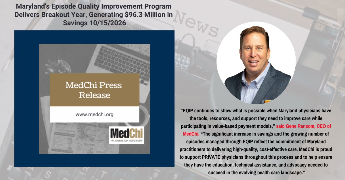 MedChiupdates's tweet photo. @CRISPhealth, Maryland’s state-designated health information exchange, announced the fourth performance year results for the Episode Quality Improvement Program (EQIP), a value-based Medicare incentive program for Maryland practitioners. In calendar year 2025, EQIP generated $96.3 million in gross savings, representing a 58 percent increase from the previous year. Of the 128 participating EQIP Entities, 97 met the performance thresholds and qualified for shared savings, resulting in $35.8 million in net distributions.

🔗 Read more in the latest release from MedChi - https://t.co/VExsjhXQgH