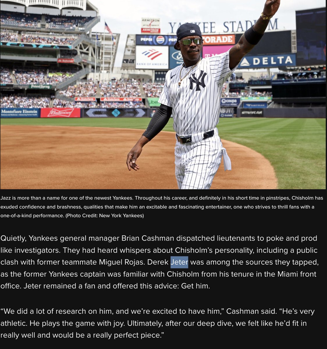 NYSportsFanCush's tweet photo. When Jazz was an all-star, the Yankees only got him because Jeter recommended him.

When he struggled, the Yankees traded for him despite all these concerns.

This media pandering tour needs to end. https://t.co/2xleGZU4u6