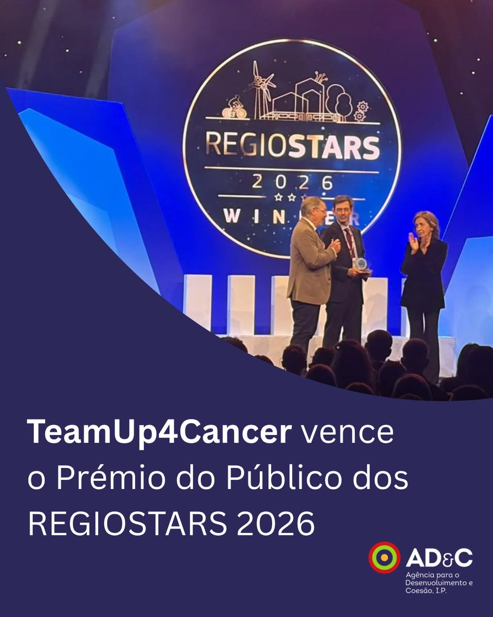 ADeCoesao's tweet photo. 🏆🇵🇹 Projeto português TeamUp4Cancer vence Prémio do Público dos REGIOSTARS 2026!
👉 Saiba mais: https://t.co/abPmOPjl6c
📸 João Nogueira
#Portugal2030 #REGIOSTARS2026 #TeamUp4Cancer #FundosEuropeus #FEDER #FundosEuropeusMaisPróximosDeSi https://t.co/EZao3x8ijD