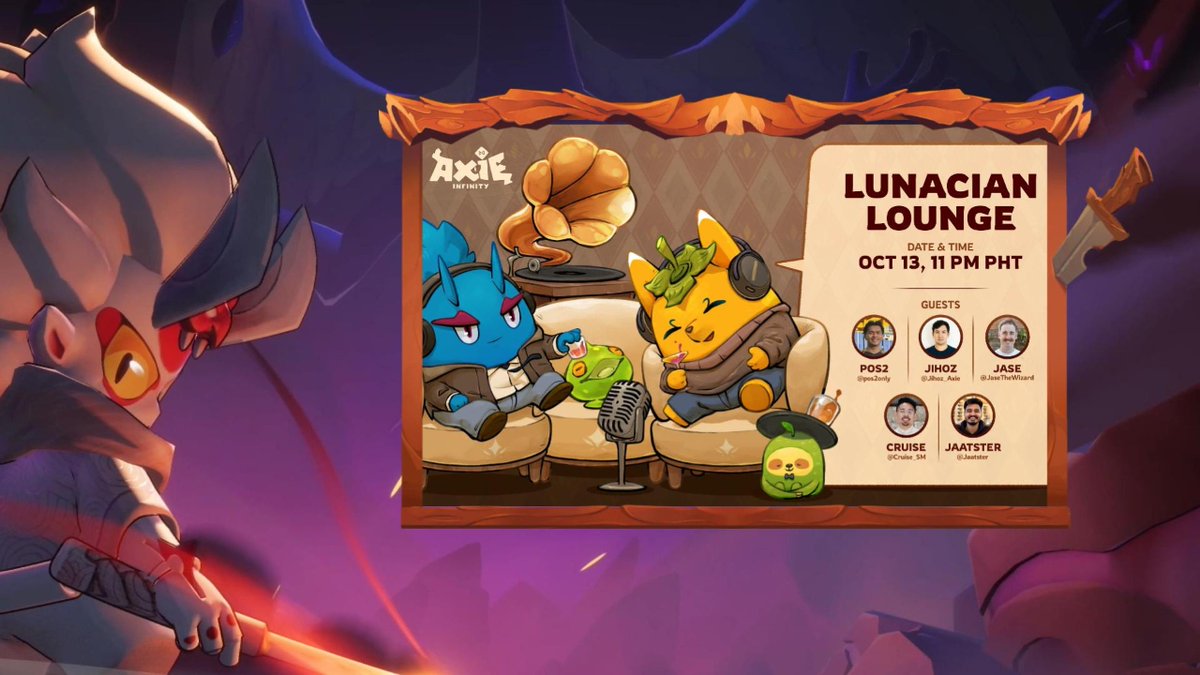 AxieInfinity's tweet photo. Lunacian Lounge Recap: Vibeathon 91 game submission, Atia's Legacy's next playtest, Level 120 Axies and MORE! 🧵 https://t.co/d1jZuDIK0L