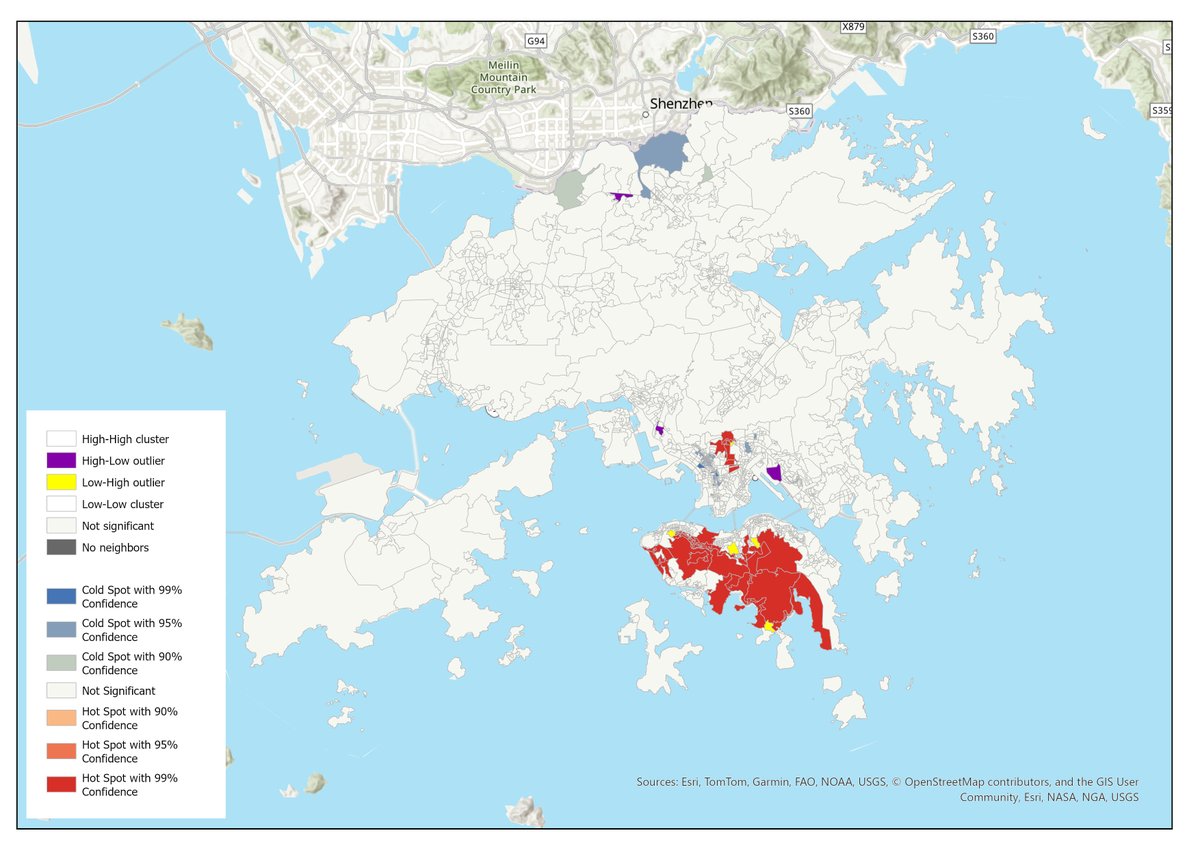GeoMatrix_Dev's tweet photo. Hello everyone, it’s been a while. I’ve been busy with midterm exams and research on the urban heat island effect lately. Recently, I created an interesting map that I’d like to share with you all.

If you’re looking to sell supercars in Hong Kong, take a look at the red areas on the map below, as these represent the highest-income groups in Hong Kong—people who can actually afford supercars(most of Hong Kong Island, Ho Man Tin, and Kowloon Tong).

You might be wondering: what do the purple and yellow areas mean? Purple indicates areas where residents have high incomes but those around them have low incomes, while yellow indicates areas where residents have low incomes but those around them have high incomes.

I think this contributes to Hong Kong’s very pronounced class divide—just a wall apart, yet there’s a huge disparity in living standards. I imagine this isn’t usually as obvious in other places. What’s the situation like in Australia and China? I’d love to hear your thoughts @simongerman600 

#gischat #GIS #geospatial #socialscience #buildinpublic #RS