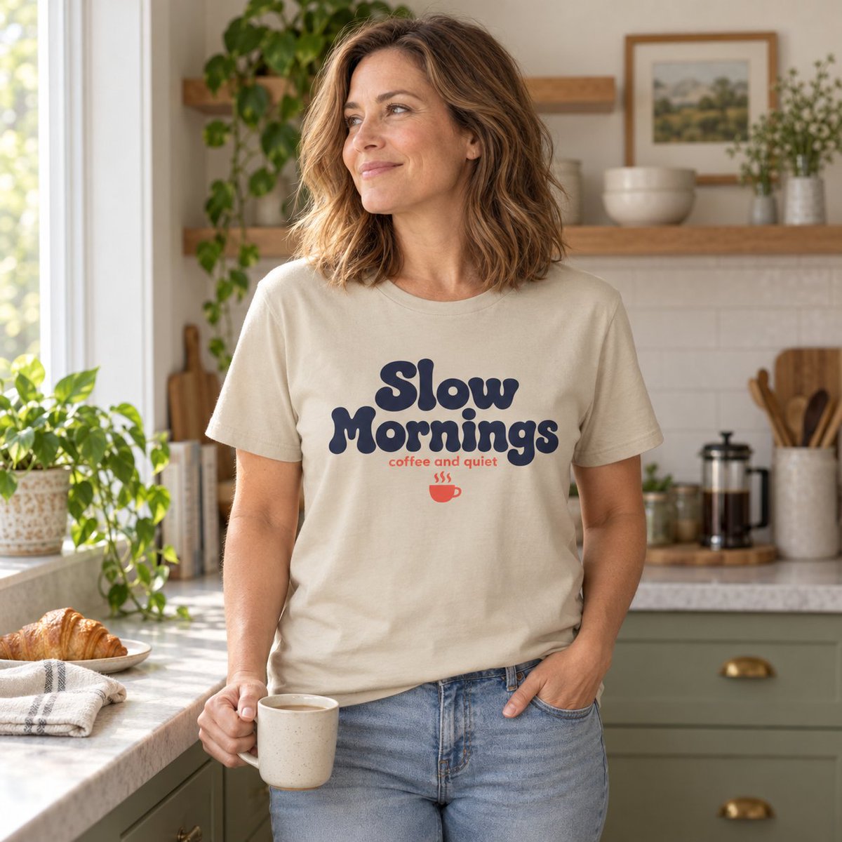 Honeh_com's tweet photo. Coffee first, everything else later. The Slow Mornings tee in sand, soft and made to order. https://t.co/QcmzocyDVz #coffeelover #graphictee https://t.co/4NpH5ODtpR