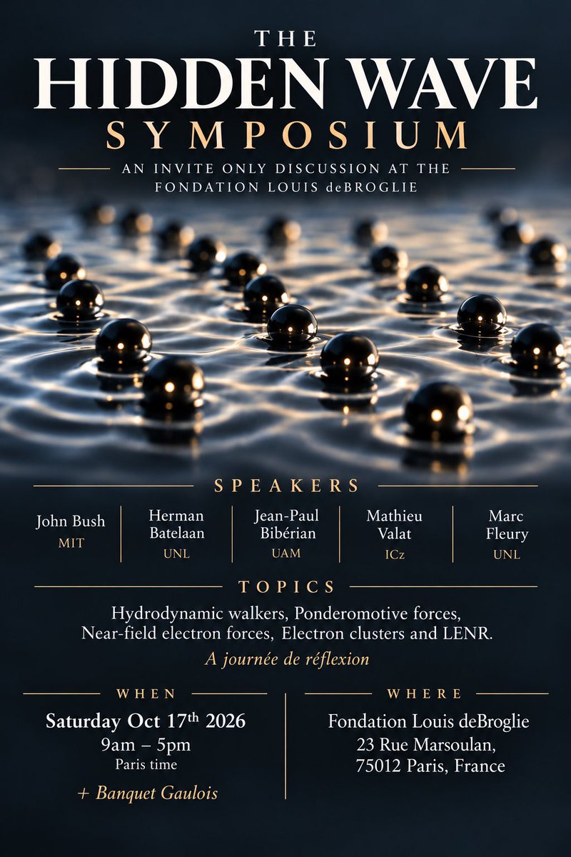 KateXGate's tweet photo. Bold claims and insights from top frontier physicists: droplets "walking" on water, what their motion tells us about waves and particles, electron clusters and the subtle not so subtle implications re: LENR. 

Invitation only at Fondation Louis de Broglie, Paris.

I'll be your fly on the wall...