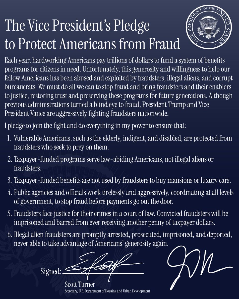 SecretaryTurner's tweet photo. Today, I am proud to sign @VP’s Pledge to Protect Americans from Fraud.

EVERY official should join to stand up for the integrity of taxpayer dollars serving our most vulnerable.

Accountability is here ⬇️ https://t.co/75yRS6ppkx