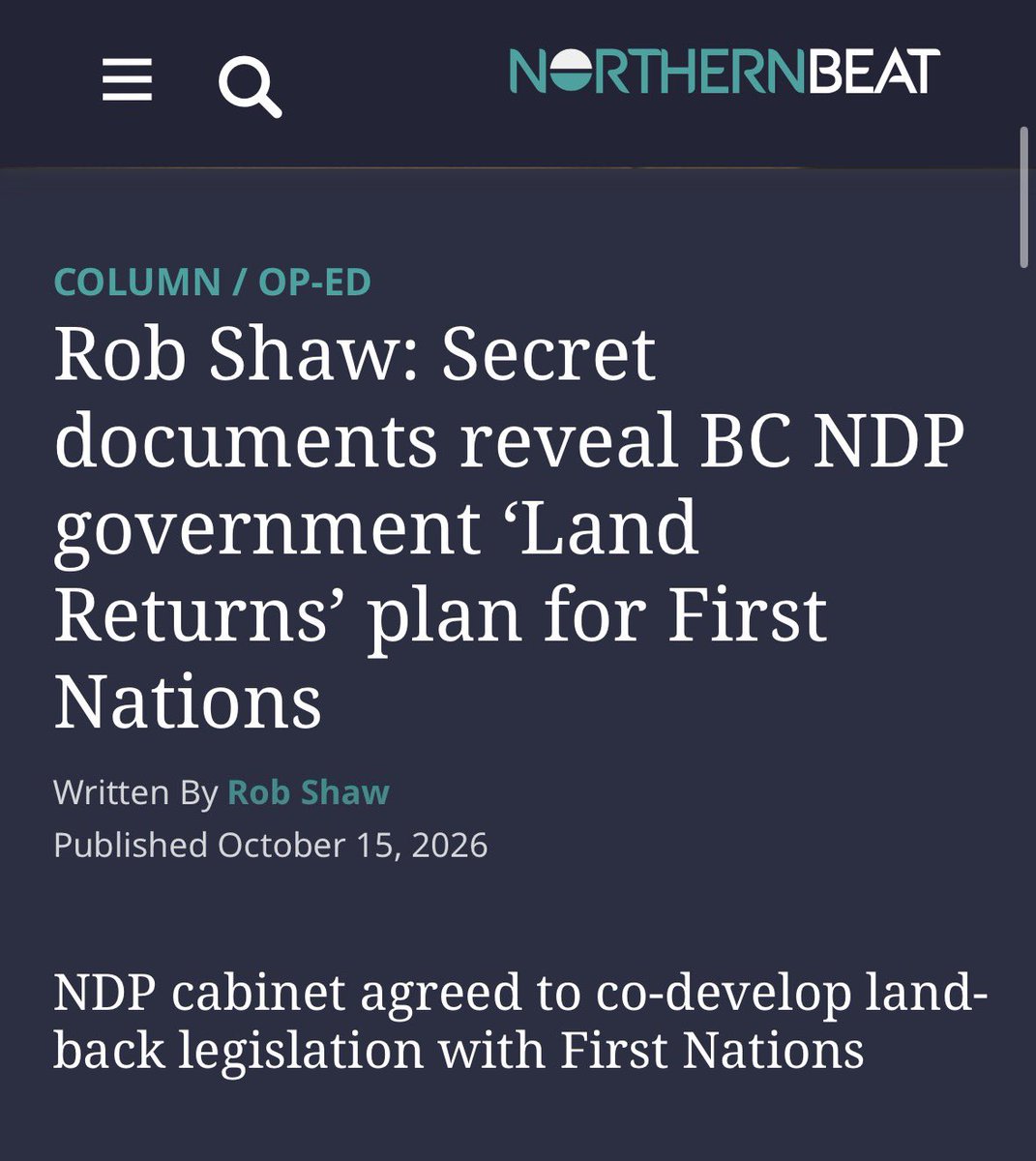 NVanCaroline's tweet photo. 🚨 “The B.C. NDP government has committed to hand over approx. 400 parcels of public Crown land to First Nations, while promising just days before the snap election that it would change the law to limit compensation to forest companies affected by the losses.”

As @RobShaw_BC explains, David Eby’s cabinet approved the plan in July, put stakeholders under NDAs 12 days before  the early election call, then did not include ANY of the details for the public in its forestry plan they released on Wednesday. According to Shaw, documents show a re-elected gov is prepping legislation for spring 2027. ‼️

Remember the secret Sechelt deal the NDP signed before the last election and didn’t release until after votes were cast? They’re doing it all over again. And they’ll keep doing it for as long as they can get away with it. 

https://t.co/URVmiZehCA
