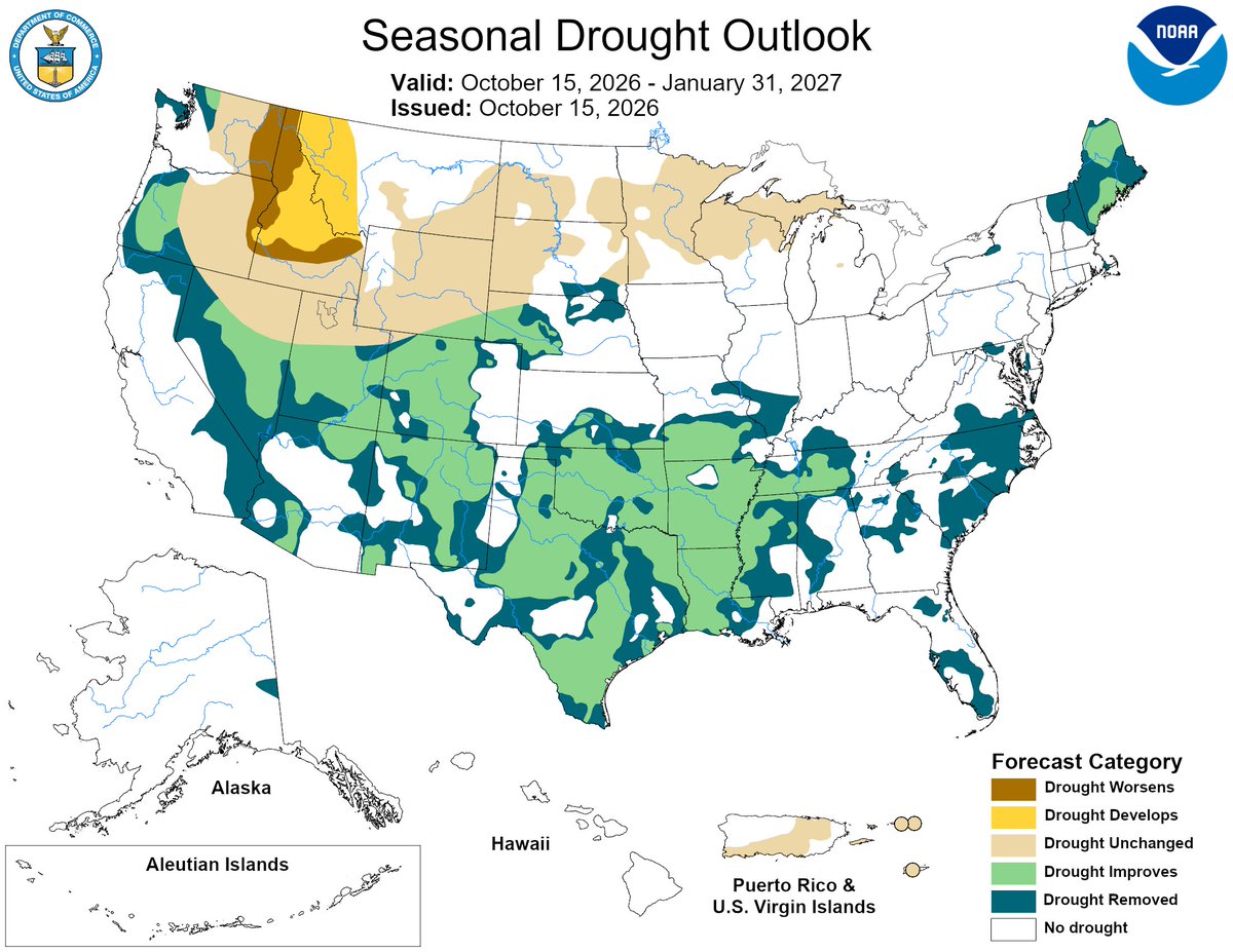 NOAADrought's tweet photo. 1/4 New Seasonal Drought Outlook with new design by @NOAA's @NWSCPC and @NIDIS

Drought develops/worsens: Interior Northwest and N. Rockies

Drought improves/removed: Southern US, Northeast, Coastal Northwest, a few others

Otherwise, drought persists https://t.co/7HFaZBslcS @NWS https://t.co/J4jTr4YulT