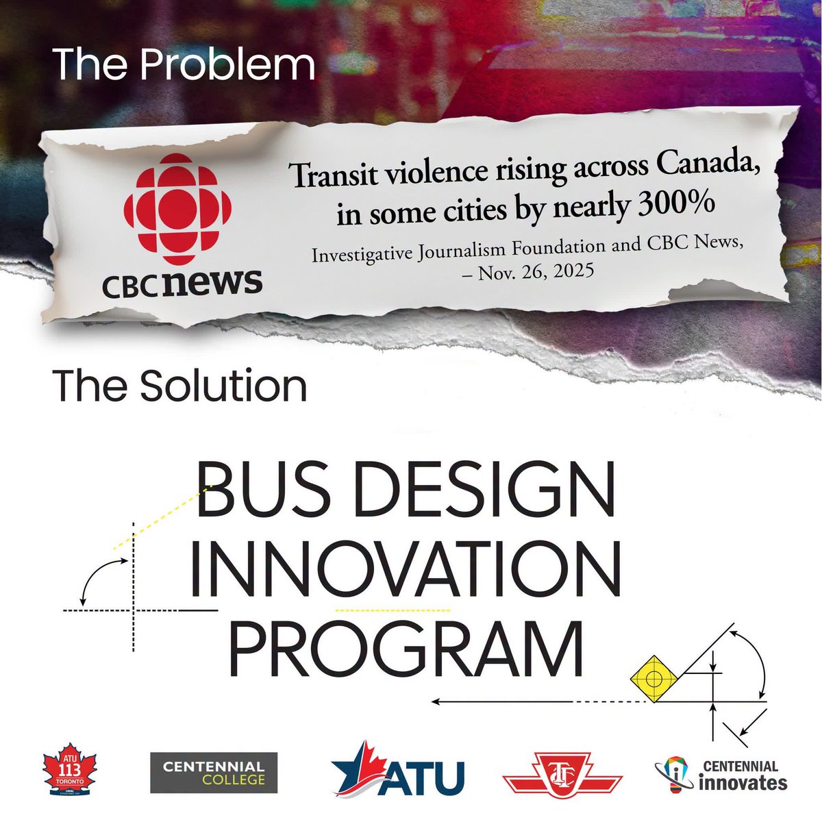 ATUComm's tweet photo. CBC News and the Investigative Journalism Foundation found that assaults on public transit roughly doubled in eight of Canada's ten largest cities between 2016 and 2024. Behind many of those numbers is a person who went to work in a uniform and ended the shift in an ambulance. To develop a safer, better bus, the ATU, Local 113, the Toronto Transit Commission (TTC), and Centennial College are working collaboratively on a Bus Design Innovation Program (BDIP) to improve bus design through a worker-centered approach. For more information on BDIP, visit: https://t.co/8WD1uIvaYs #NotPartOfTheJob #NotOneMore