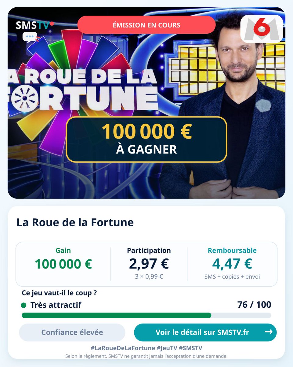 SMSTV_fr's tweet photo. 🎯 La Roue de la Fortune
🏆 100 000 € · Score 76/100 · Très attractif
Attendez le signal à l’antenne.
https://t.co/6JZXmaGIt6
#LaRoueDeLaFortune #M6 #JeuxTV #SMSTV https://t.co/6x2UUBGEOJ
