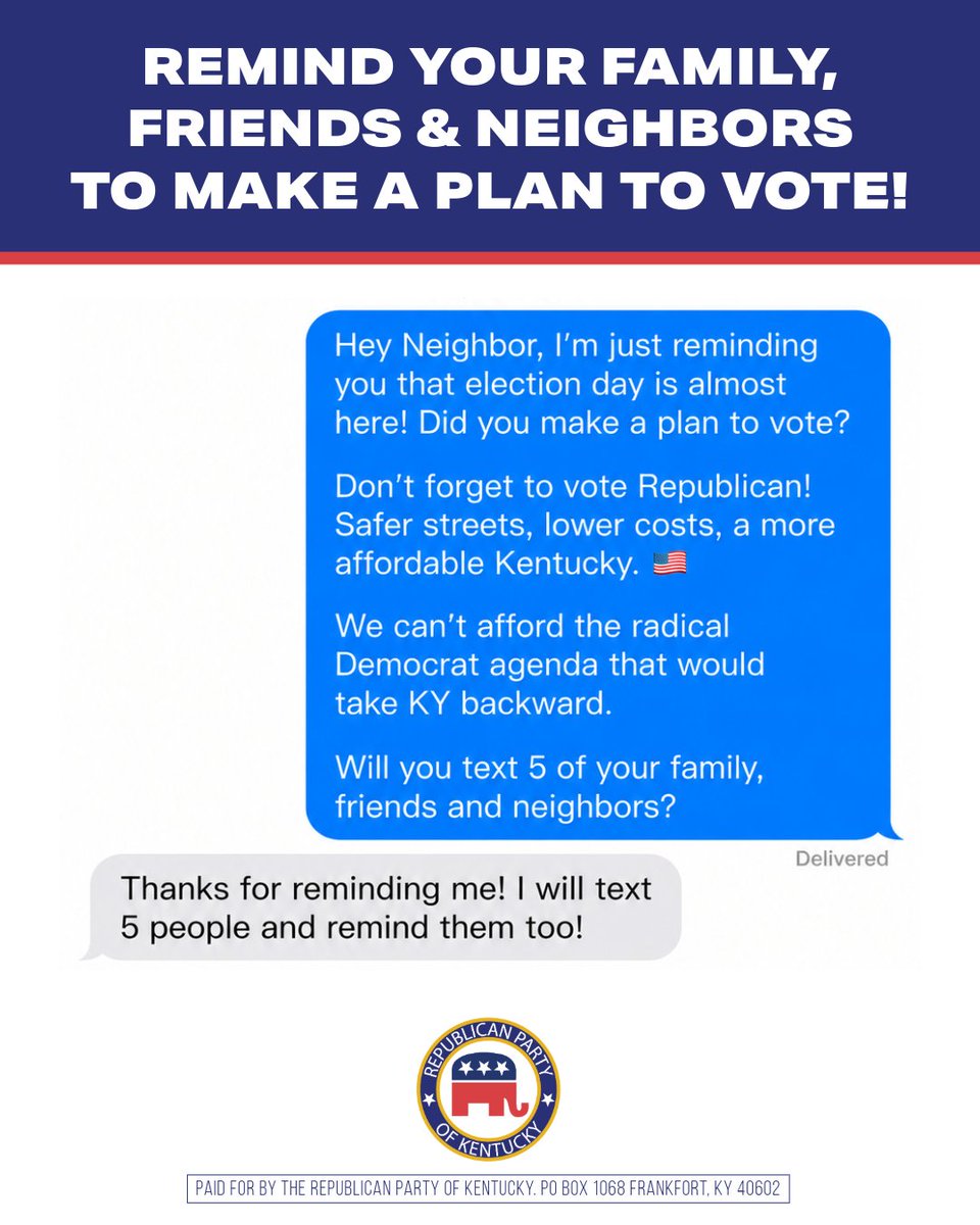 KYGOP's tweet photo. We need YOU to remind your family, friends, and neighbors to make a plan to vote!

Share this link with them, and visit https://t.co/dyIFK0mSVr yourself to find your polling place and make your plan to vote today! https://t.co/kQ5AgKVVNx