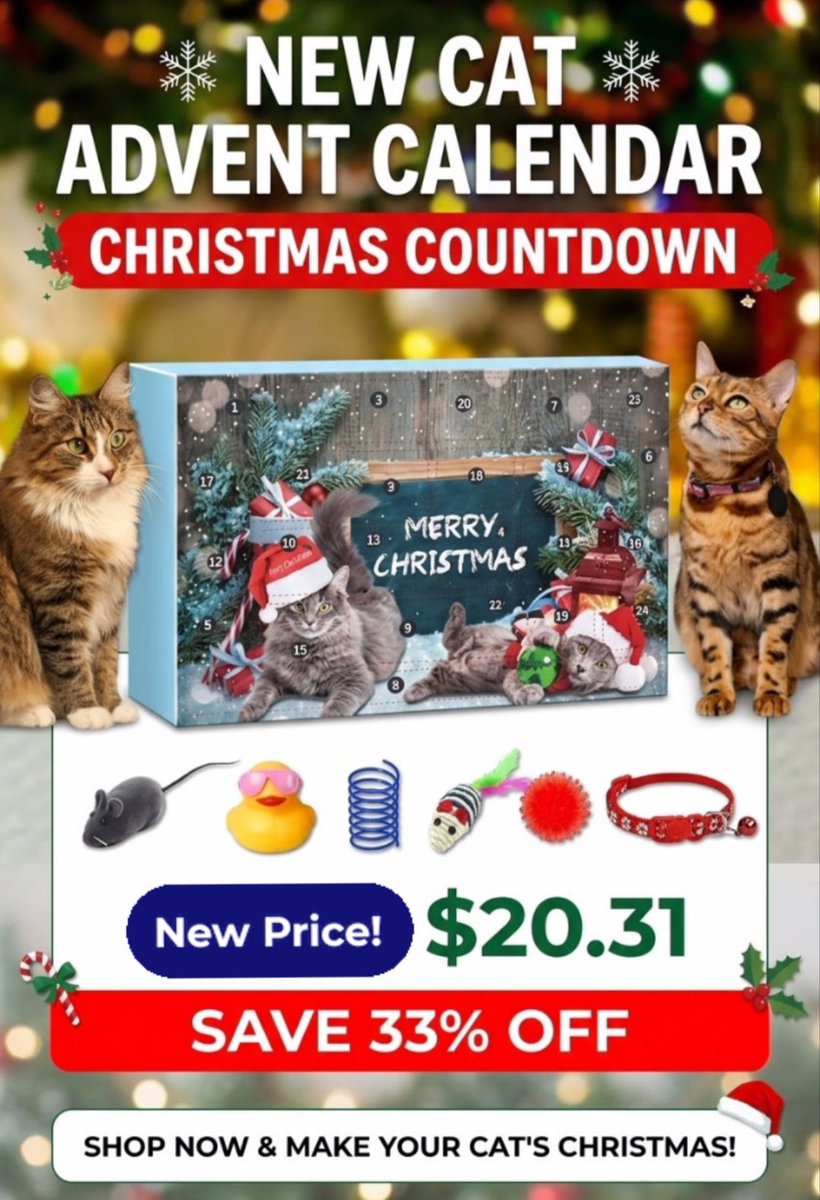 opulentpetcare's tweet photo. Count down to Christmas with a surprise for your cat every day! 🎄🐱 This cat advent calendar is packed with festive toys, including a mouse, springs, a sisal toy, a sparkle ball, and a cute Christmas collar. Now 33% off at $20.31, a perfect gift for cat lovers! 🎁

📩DM us https://t.co/EWffDBDTfg