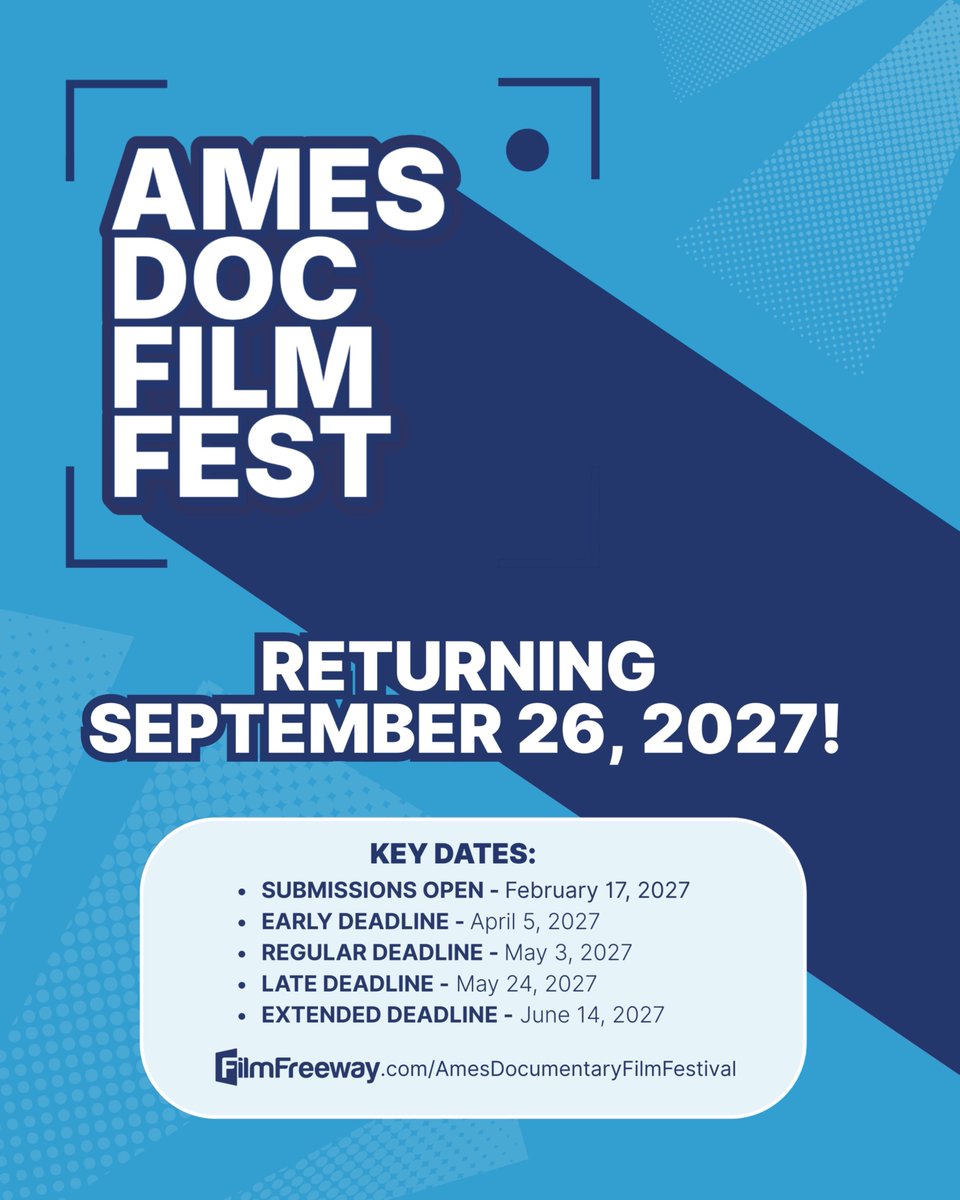 esmidt's tweet photo. I'm excited to share that the Ames Documentary Film Festival is already looking ahead to year two in 2027!

Filmmakers, keep these key dates on your radar as you work on your next project. https://t.co/CpWmZ7ge8K