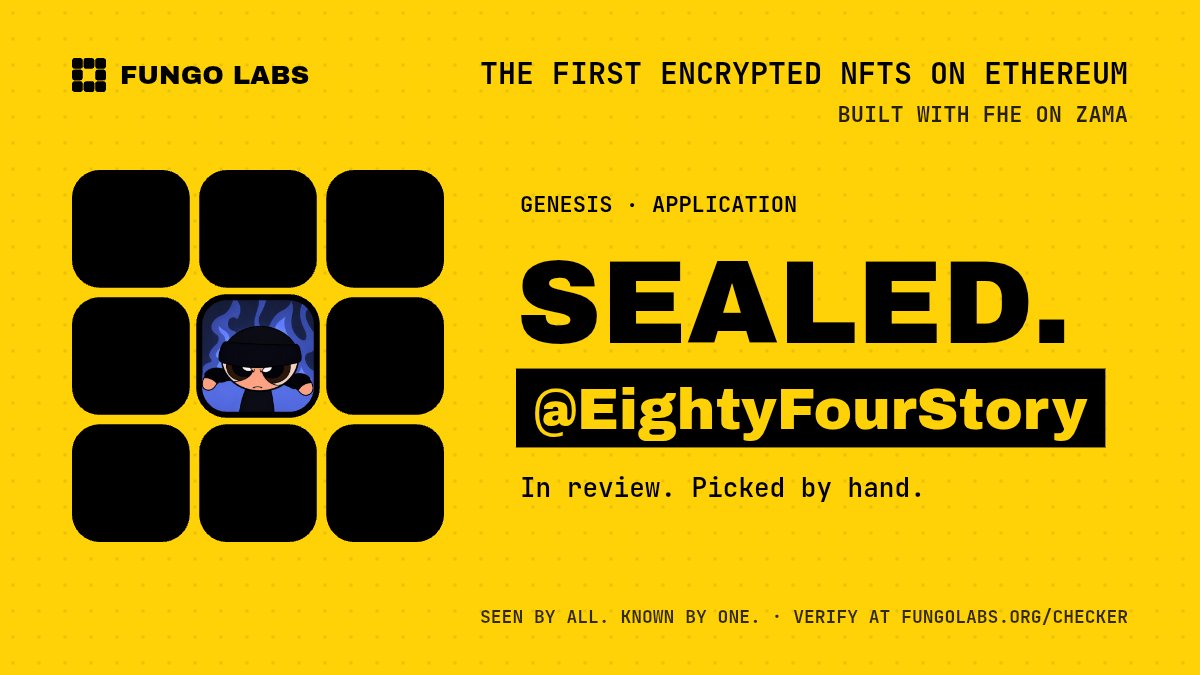 EightyFourStory's tweet photo. I know quite a bit about @zama, which helped me become one of the project's top creators for two seasons.

Now I've heard that @FungoLabs is planning to use Zama's FHE tech.

Their idea is interesting. It would be even more interesting if they hadn't stolen their PFP from Google, though.

Total supply is 3232 NFTs. Allocation is as follows:

Team: 232
Free mint: 500
Public sale: 2500

Hope you're one of those 500!