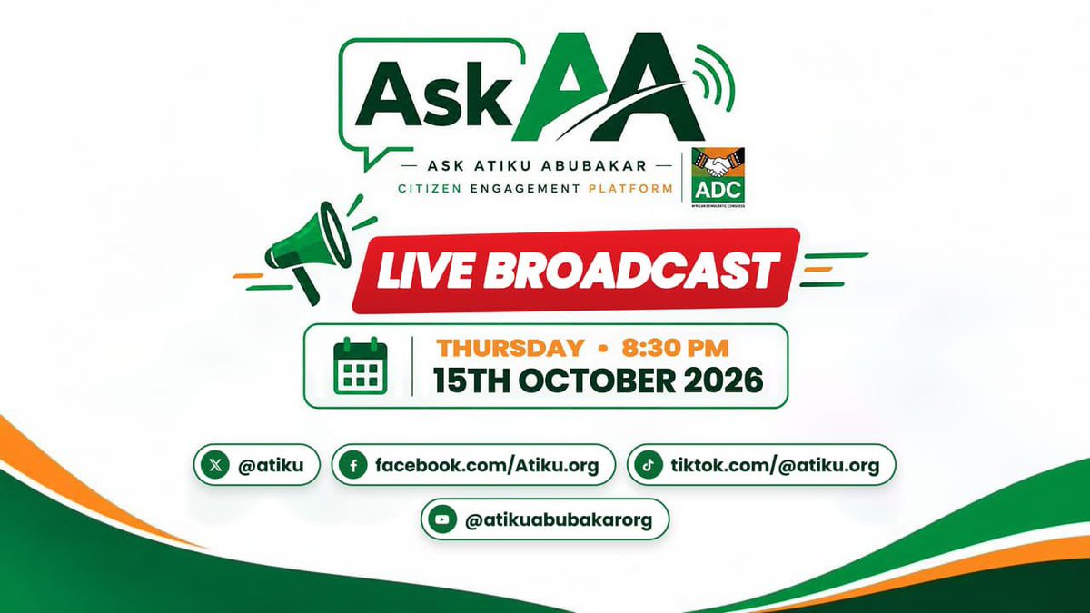 atiku's tweet photo. Join me LIVE tonight at 8:30 PM on #AskAA, our new citizen engagement platform. I will answer your questions directly. It’s going to be lit! -AA

Livestream on all platforms listed in the image below. https://t.co/bQ7xmsoryk