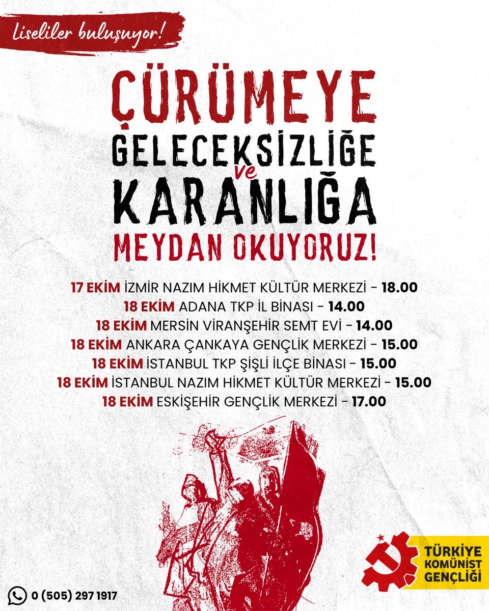 TKGSosyal's tweet photo. Çürümeye Geleceksizliğe ve Karanlığa Meydan Okuyoruz!

Liseliler çürümenin ülkemizi esir aldığı, tarikatların okullarımızı bir ahtapotun kolları gibi sardığı, gençlerin sermayenin çarklarının arasında ezildiği ve büyük bir geleceksizlik sarmalının arasında boğulduğu bir Türkiye’de “Bu karanlık tabloyu değiştirmek mümkün” demek için buluşuyor.