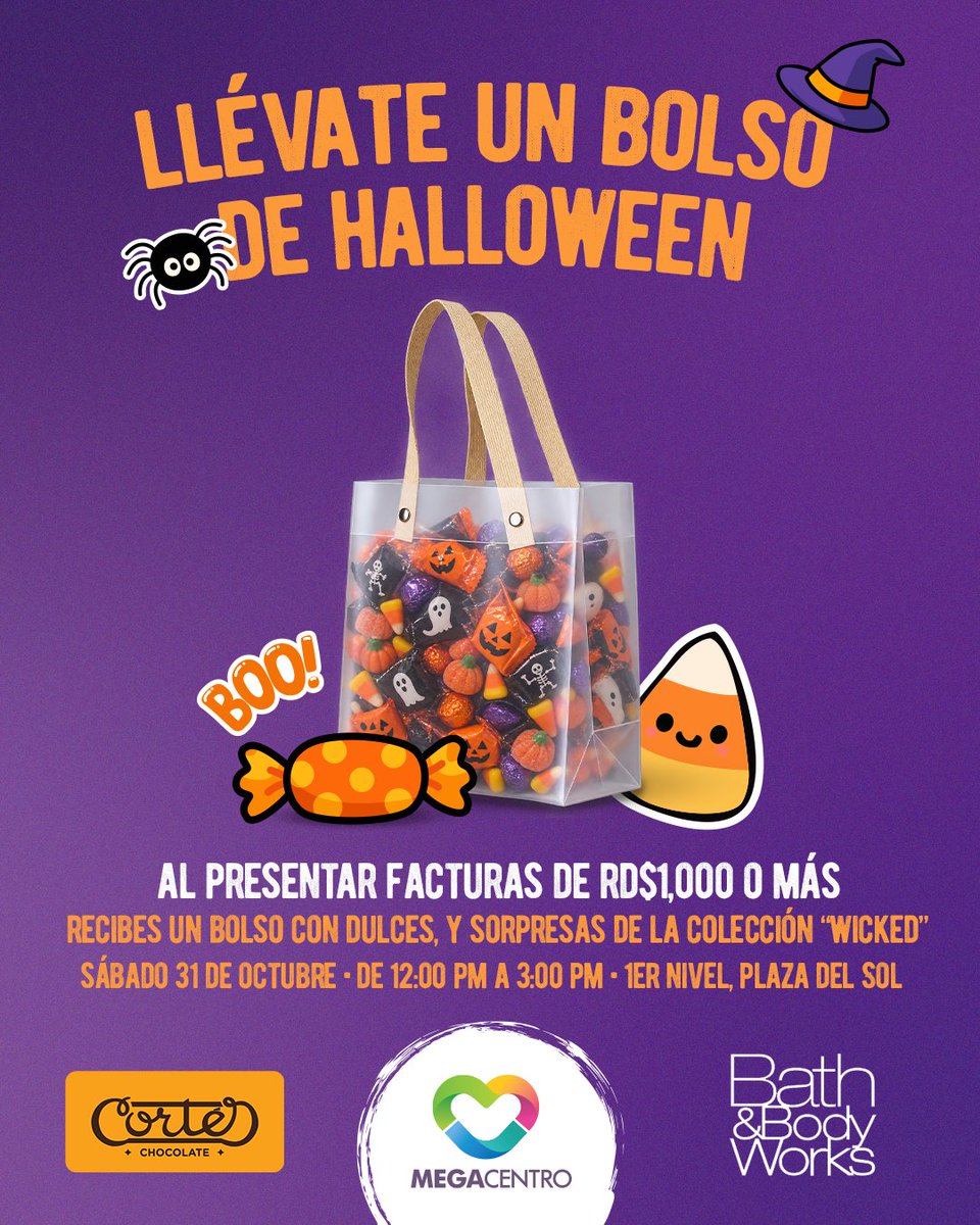 MegacentroRD's tweet photo. No te vayas sin tu regalo de Halloween. 🎃🍫

¡Conoce cómo puedes llevarte un bolso temático lleno de dulces y sorpresas!

#Megacentro https://t.co/OlBYtbINcl