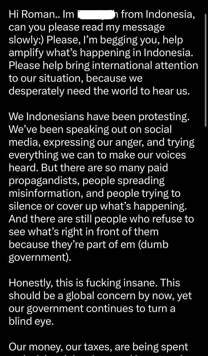 SyedAkramin's tweet photo. I received a long DM from an Indonesian who opened up about what it feels like to live as an Indonesian.

She shared her frustration and hope that the world would pay more attention to the struggles and suffering of the Indonesian people.

(1/5) https://t.co/P70HhnPPTW
