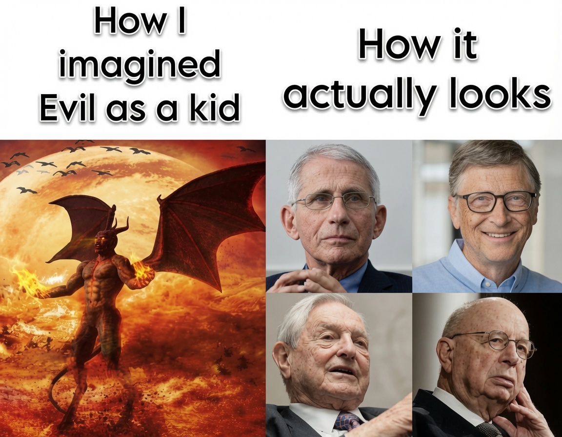 ValerieAnne1970's tweet photo. THIS IS THE TRUTH THEY DON’T WANT YOU TO SEE.

As a kid I pictured evil with horns, fire, and wings.  
As an adult I see it smiling for cameras, funding “health,” pushing digital IDs, and reshaping the world while the rest of us sleep.

These are not leaders. These are the architects of control. The faces of the system that wants you dependent, divided, injected, tracked, and silent.

The real demons don’t breathe fire. They sit on boards, fund foundations, and rewrite the rules of humanity.