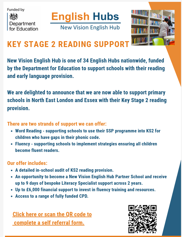 NewVisEngHub's tweet photo. New Vision English Hub is now supporting primary schools across North East London and Essex with their KS2 reading provision. To access funding and support, submit a self-referral today: https://t.co/M2zZwSh1w5 https://t.co/chroyn3zMO