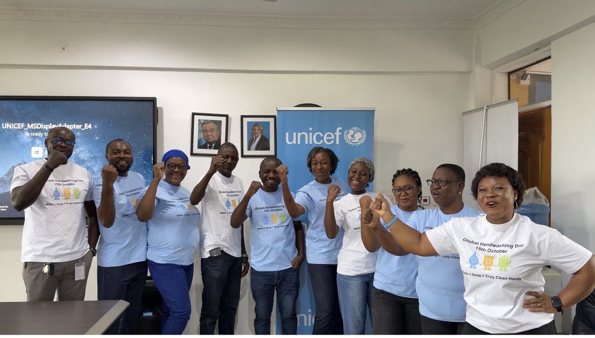 UNICEFGhana's tweet photo. UNICEF Tamale Field Office marked Global Handwashing Day with a staff event themed “Be a Handwashing Hero.” Activities included a handwashing demonstration and a hygiene quiz that highlighted key facts: fewer than half of Ghanaian households have soap and water for handwashing, 18 million people lack hygiene services, and only 54% of schools and healthcare facilities have basic hygiene stations.

Hand hygiene remains essential for health, education, and well-being, especially for children across Ghana. #GlobalHandwashingDay #SDG6 #WASH