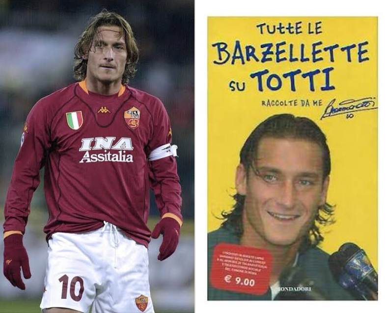 anecdotes_foot's tweet photo. Francesco Totti, beaucoup moins con qu'il n'y parait. 

En Italie, Francesco Totti est depuis ses débuts la cible de milliers de blagues sur son intelligence prétendument limitée, un peu comme Franck Ribéry chez nous. Plein d'autodérision, le capitaine de l’AS Roma décide en 2003 de compiler toutes ces vannes et autres moqueries à son sujet dans un livre intitulé "Toutes les blagues sur Totti, recueillies par moi-même". 
Le succès est énorme : plus de 600.000 exemplaires vendus ! Les bénéfices sont destinés à des œuvres caritatives.
Plutôt que de se vexer, Totti a transformé les moqueries dont il était victime en succès commercial. Pas si con finalement, l'italien...