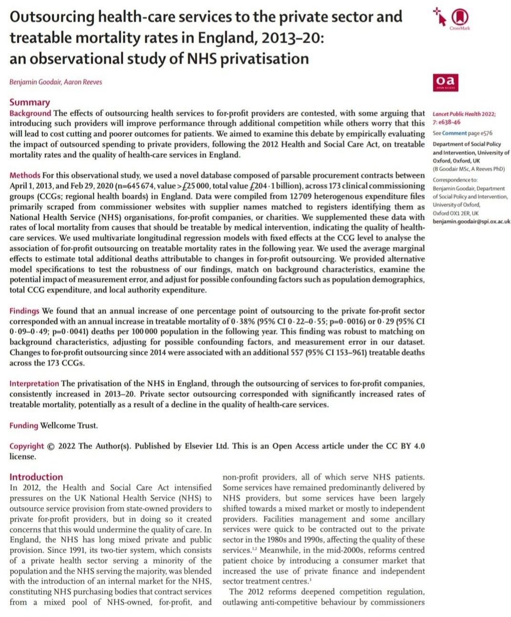 davidlois_uned's tweet photo. Las privatizaciones en el sistema público de salud son lesivas. Cada aumento de 1 punto porcentual en las externalizaciones a empresas privadas se asocia con un incremento del 0,4% en la mortalidad tratable al año siguiente. https://t.co/sOe1bE2MUJ