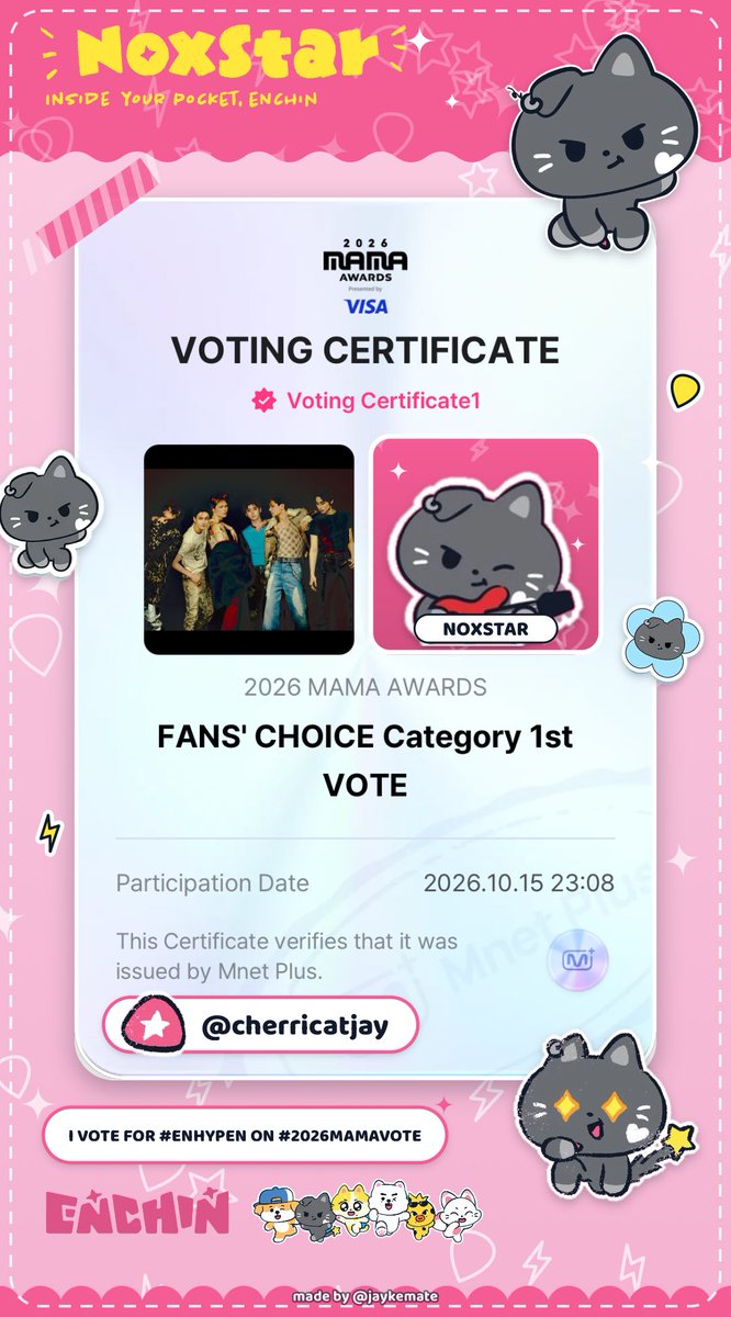 cherricatjay's tweet photo. ROAD TO ENHA’S DAESANG RELAY! 🩸    

Post a screenshot of your voting proof for MAMA FANS’ CHOICE Category then tag 6 or more moots!  

we get that daesang for #ENHYPEN on #2026MAMAVOTE
 
@minyangzip @niksemi @JAYKESVAPE @RIKITHUMB @bbnuychoo @jaeyuntuned https://t.co/wJduIIHVqc