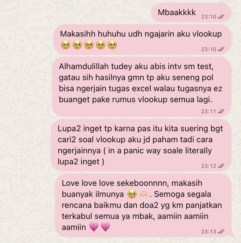 cipssyzy's tweet photo. @worksfess Bisaa kalo bener2 rajin dan bisa mahamin logika rumusnya. Aku jg baru belajar 3x an seminggu, tp bener2 ku catet dan ku pahamin, abistu krn lg hectic jd ga sempet belajar lg. 2 minggu setelahnya ada undangan intv, pas tes excel bener semua, lgsg berterima kasih sm suhu nya 😭🫶🏻 https://t.co/4FTBSjklJr