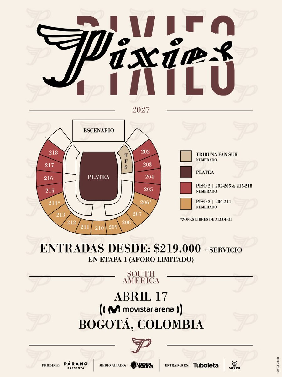 RockolaCol's tweet photo. 📢🎸⚡️🎶​La pionera e influyente banda de Boston, Pixies, regresa a Bogotá el próximo 17 de abril de 2027 para dar un show monumental en el Movistar Arena.

🎫 Boletas disponibles el lunes 19 de octubre en @Tuboletaoficial 

🎤 Produce @paramo_presenta https://t.co/0AYATCoaCY