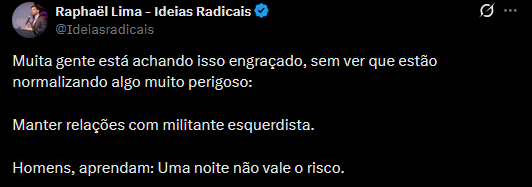 FelinK_'s tweet photo. Não sejam iguais a esse cara. Existe um mundo inteiro fora do seu casulo digital.

Vão tentar te convencer de que todo mundo que pensa diferente de vc é um animal. No fim, o único que se bestializa é vc, incapaz de construir relações com quem não compartilha da sua visão de mundo.

Às vezes, seu futuro melhor amigo é um bolsonarista que vai se mostrar um cara leal e gente boa pra caralho. Às vezes, a gatinha de esquerda que vc acha que vai te acusar de estupro na primeira oportunidade (De onde esses caras tiram isso?) é a mina mais interessante e parceira com quem vc já se relacionou.

Saiam da internet. Conheçam pessoas. Vcs vão se surpreender.