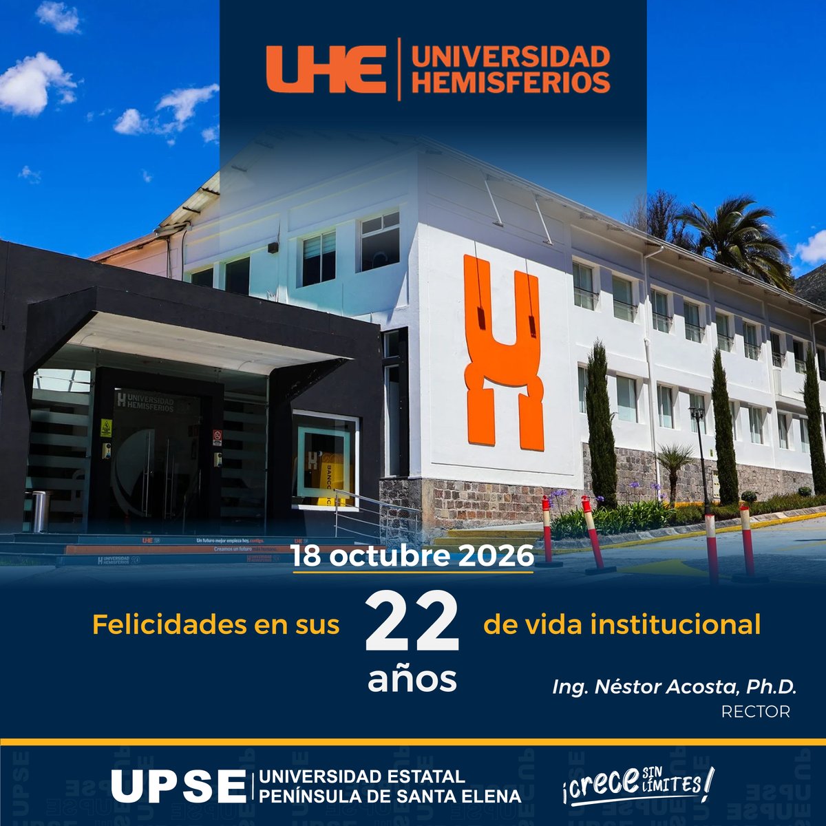 UPSE_ec's tweet photo. #UPSEFelicita 👏

Extendemos un cordial saludo a la @uhemisferios por sus 22 años de vida institucional, contribuyendo a la formación de profesionales y al desarrollo de la educación superior en el Ecuador.
¡Auguramos nuevos éxitos en su destacada labor académica! https://t.co/W2UcU0Paem