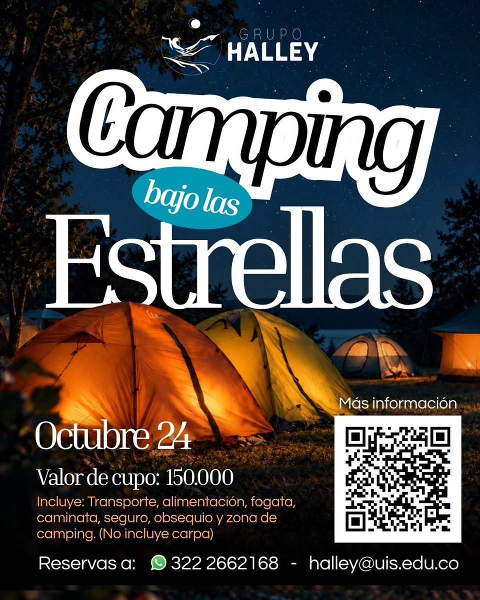 UIS's tweet photo. 🌙🔭 ¡Campamento Astronómico con el Grupo Halleyuis !

Observa la Luna y Saturno, aprende astronomía y disfruta una noche de camping bajo las estrellas. ⛺✨

📅 24 y 25 de octubre 📍 Santa Bárbara, Santander 

📝 Inscríbete: https://t.co/kaFJrhLImL https://t.co/1Ku8B3jQsD
