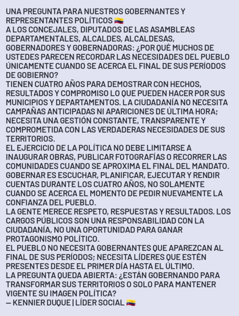 KennierDuque's tweet photo. 🇨🇴 Gobernar no es aparecer cuando se acercan las elecciones. Concejales, diputados, alcaldes y gobernadores tienen 4 años para demostrar resultados. El pueblo necesita gestión, transparencia y compromiso, no protagonismo de última hora ¿Gobiernan para transformar o para figurar? https://t.co/m2yZmGvb5i