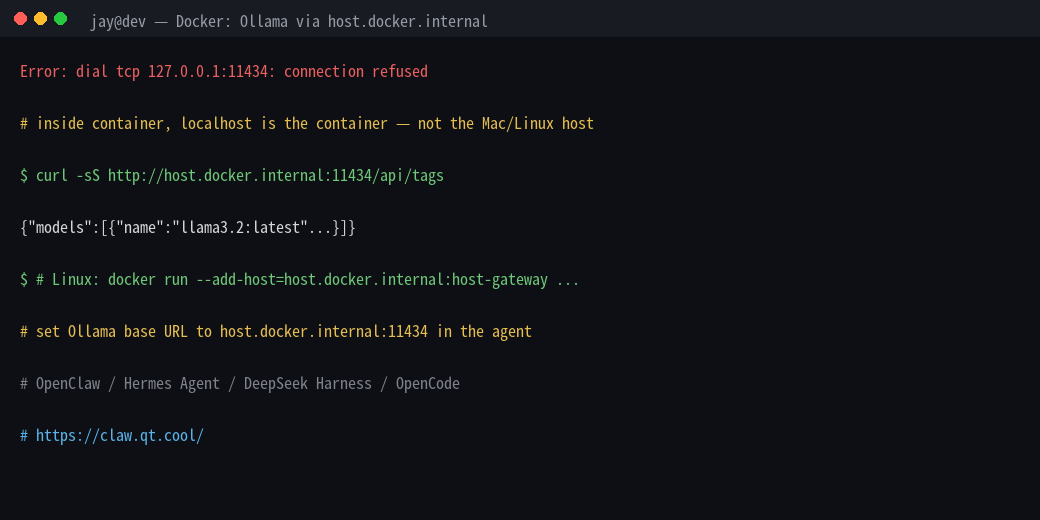 JayQinQT's tweet photo. Docker app can't reach Ollama on the host?

Inside the container, localhost is itself. Use host.docker.internal:11434, then curl /api/tags.
Linux: --add-host=host.docker.internal:host-gateway

OpenClaw / Hermes Agent / DeepSeek Harness / OpenCode
https://t.co/9ZqYgFldFv https://t.co/4KHiz8fso9