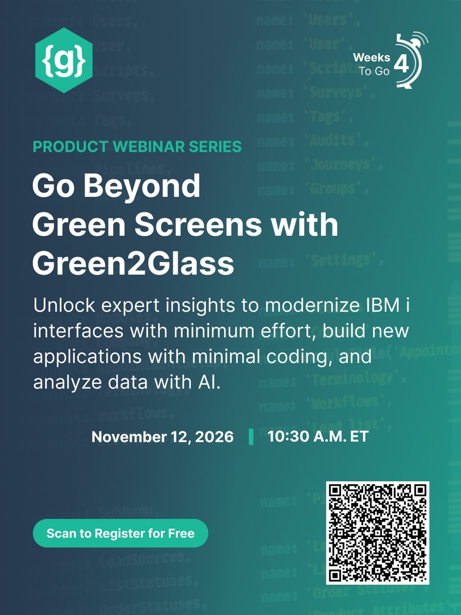 programmersio's tweet photo. Modernize IBM i green screens without rewriting your apps!

Join our free #Green2Glass webinar on Nov. 12 at 10:30 AM ET to explore responsive interfaces, low-code development &amp; cost-effective modernization.

Save your spot: https://t.co/RiOCVqpEJJ

#IBMi #GreenScreen https://t.co/CxSrJ1DVCV