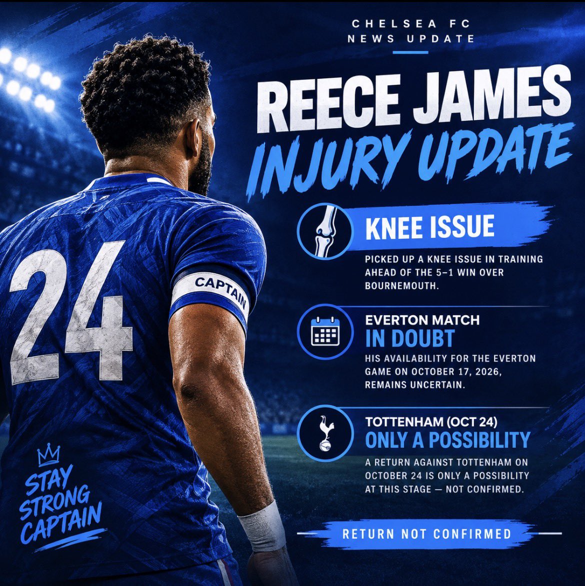 _Sz_n's tweet photo. 🚨 BREAKING: Reece James remains a doubt for Chelsea’s trip to Everton. 🔵

The captain is dealing with a knee issue picked up in training. A return against Tottenham on October 24 is possible, but nothing is confirmed yet.
#CFC #ChelseaFC https://t.co/cxlIAUb08n