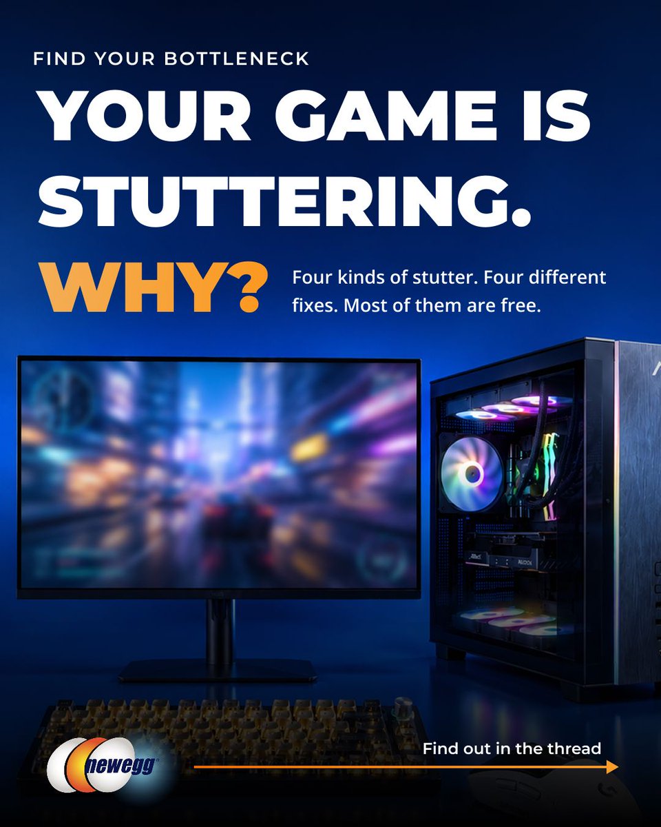Newegg's tweet photo. Your game is stuttering. Four kinds of stutter, four different fixes, and most are free.

Drop your settings to low and find your path 🧵 #PCGaming https://t.co/FkZTnfDO5y