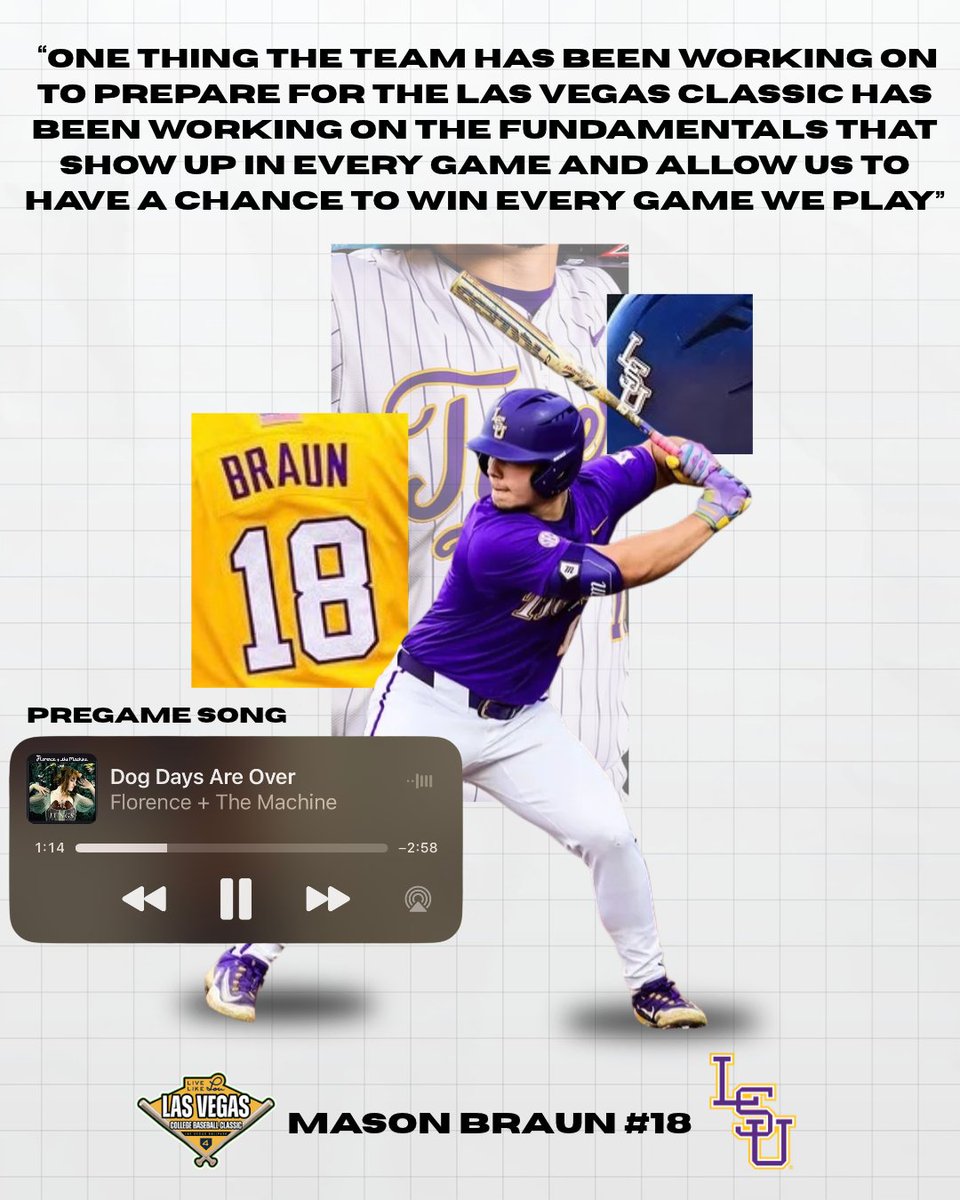 LLL_LasVegasCBC's tweet photo. Mason Braun from LSU shares how the tigers are preparing for the LLL Las Vegas Classic! 

Get prepared to watch him and the rest LSU Baseball by securing your tickets today! 
🎟️: https://t.co/bnKwfGpqyi or Click in the link in bio! 

🎧 Pregame hype song: "Dog Days Are Over"- Florence + The Machine