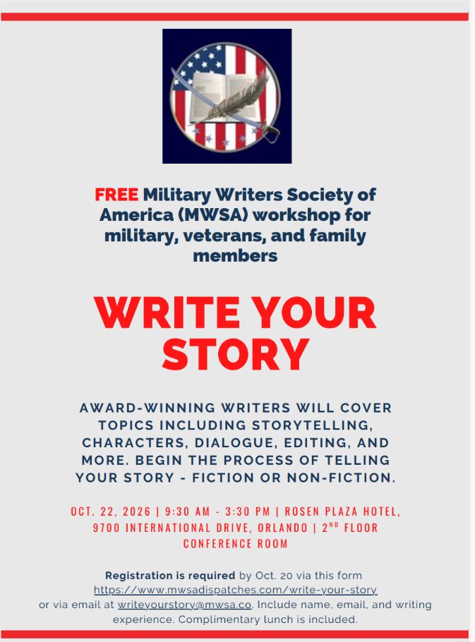 OVAHCS's tweet photo. Veterans, Your Story Matters! 

Have a story to tell? Join the FREE Military Writers Society of America (MWSA) “Write Your Story” Workshop! Open to Veterans, military members, and their families, this workshop will explore storytelling, character development, dialogue, editing, and more!

📅 October 22, 2026
⏰ 9:30 a.m. – 3:30 p.m.
📍 Rosen Plaza Hotel | Orlando, FL

🍽️ Complimentary lunch included!

Registration is required by October 20. Sign up at https://t.co/mXEXfLfdpx.

Your experiences deserve to be shared. Start writing your story today!

#Veterans #MilitaryWriters #WriteYourStory #VeteranVoices #OrlandoVA