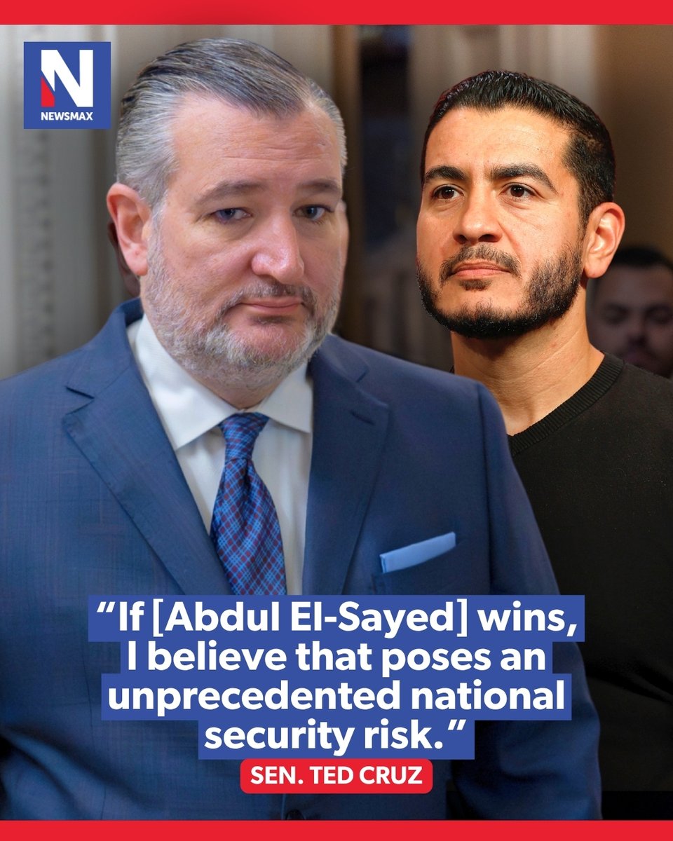 NEWSMAX's tweet photo. NATIONAL SECURITY WARNING: Sen. Ted Cruz warned that Michigan Senate candidate Abdul El-Sayed could pose a national security risk if elected, citing alleged Muslim Brotherhood ties. https://t.co/efgdotwl7z