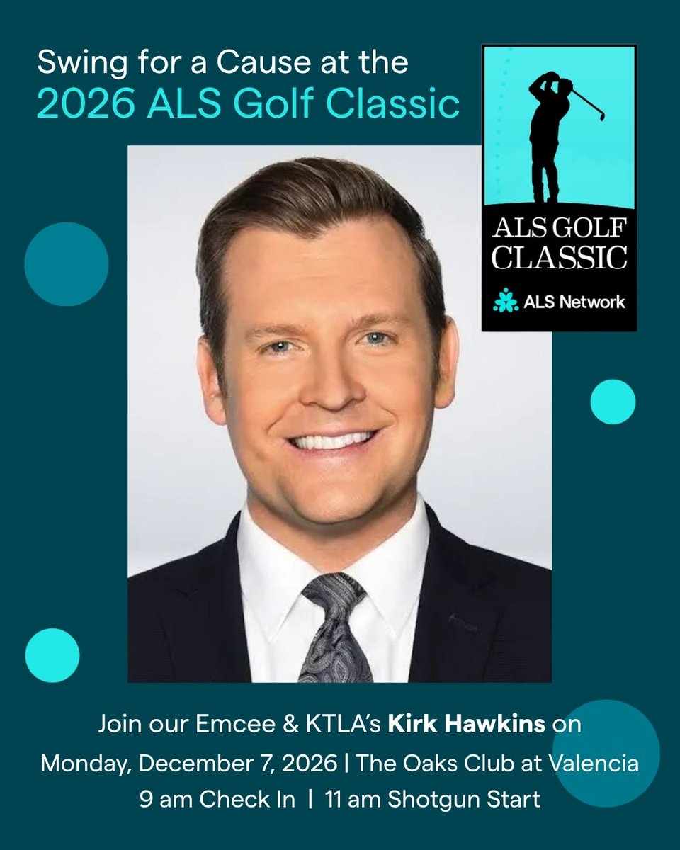 youralsnetwork's tweet photo. Join us for the ALS Golf Classic on Monday, December 7, at The Oaks Club at Valencia, with @KTLA's @kirkhawkins serving as our emcee. It’ll be an unforgettable day supporting the ALS community.

Come out to play, connect, and support the ALS community. Golfers will enjoy a full day of activities, while guests can join us for the 19th Hole reception, dinner and a special auction.

Sign up to golf, join us for dinner, become a sponsor, or make a donation at https://t.co/HiMKkRYC9f. Together, we can help advance ALS care, advocacy, and research.