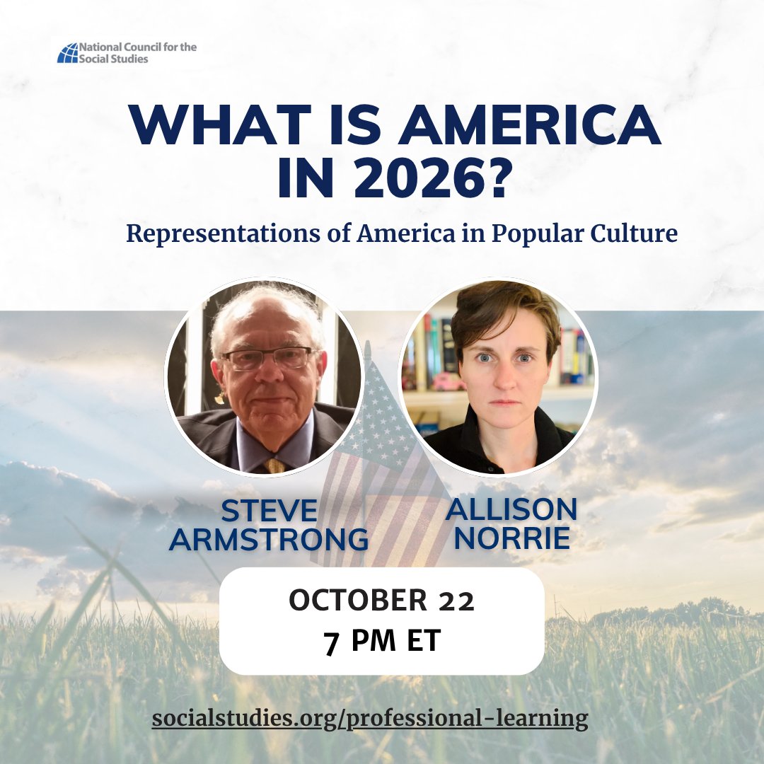 NCSSNetwork's tweet photo. 🇺🇸 To Americans and to the World, what does the United States mean today? What values do American citizens see as essential to their identity? Is there still common ground in America today? How does popular culture represent "America"? NCSS members are welcome to explore these questions in next week's online roundtable!

➡️ Register now: https://t.co/cBHPArpchm #americanhistory #ushistory